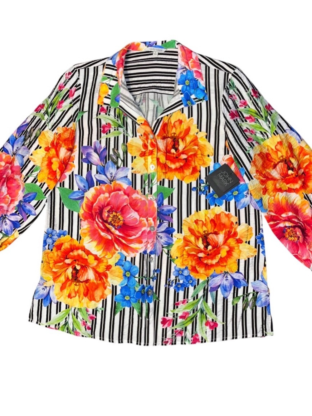 John Mark Boho Floral Button Up Blouse Pink Orange Collar Ladies Small NWT